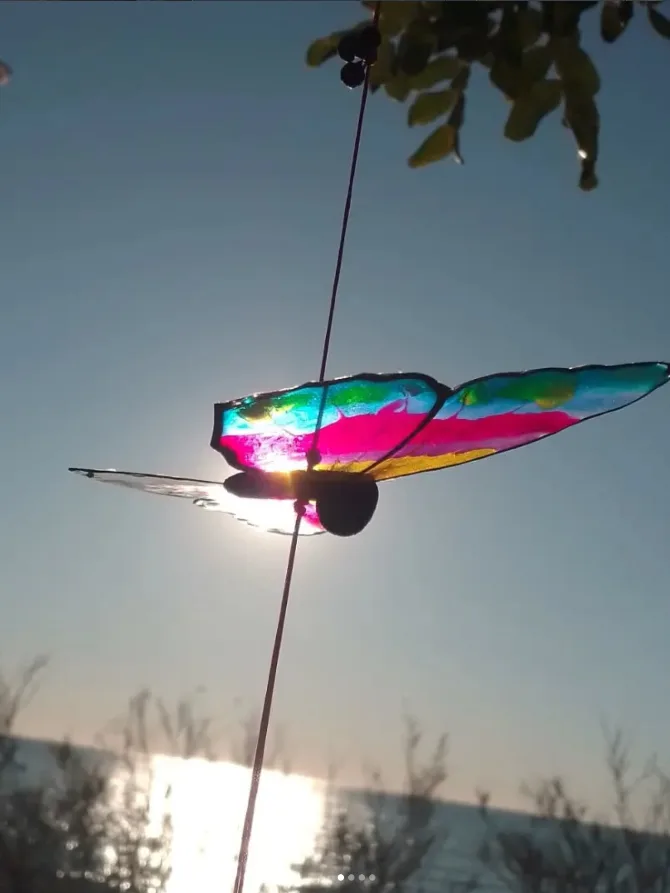 Rainbow butterfly against blue sea sky